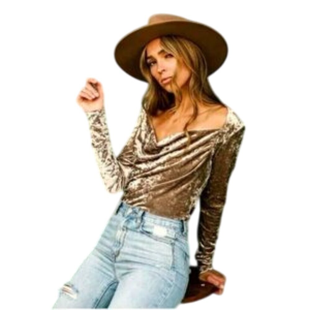 Free People Taupe Perfect Date Cowlneck Velvet Long Sleeve Top Size XL
